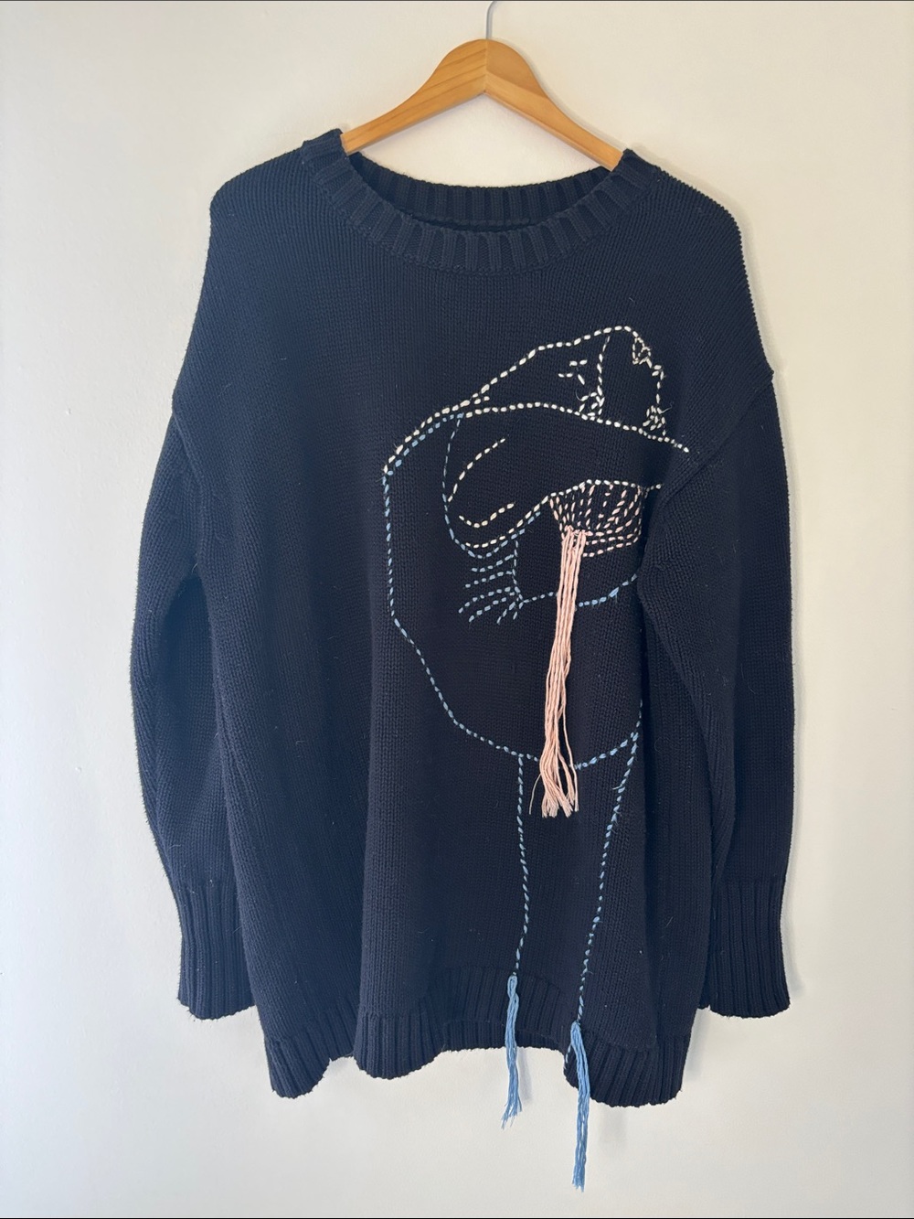 Zara Black Embroidered Oversized Tassel Knit Cotton Sweater